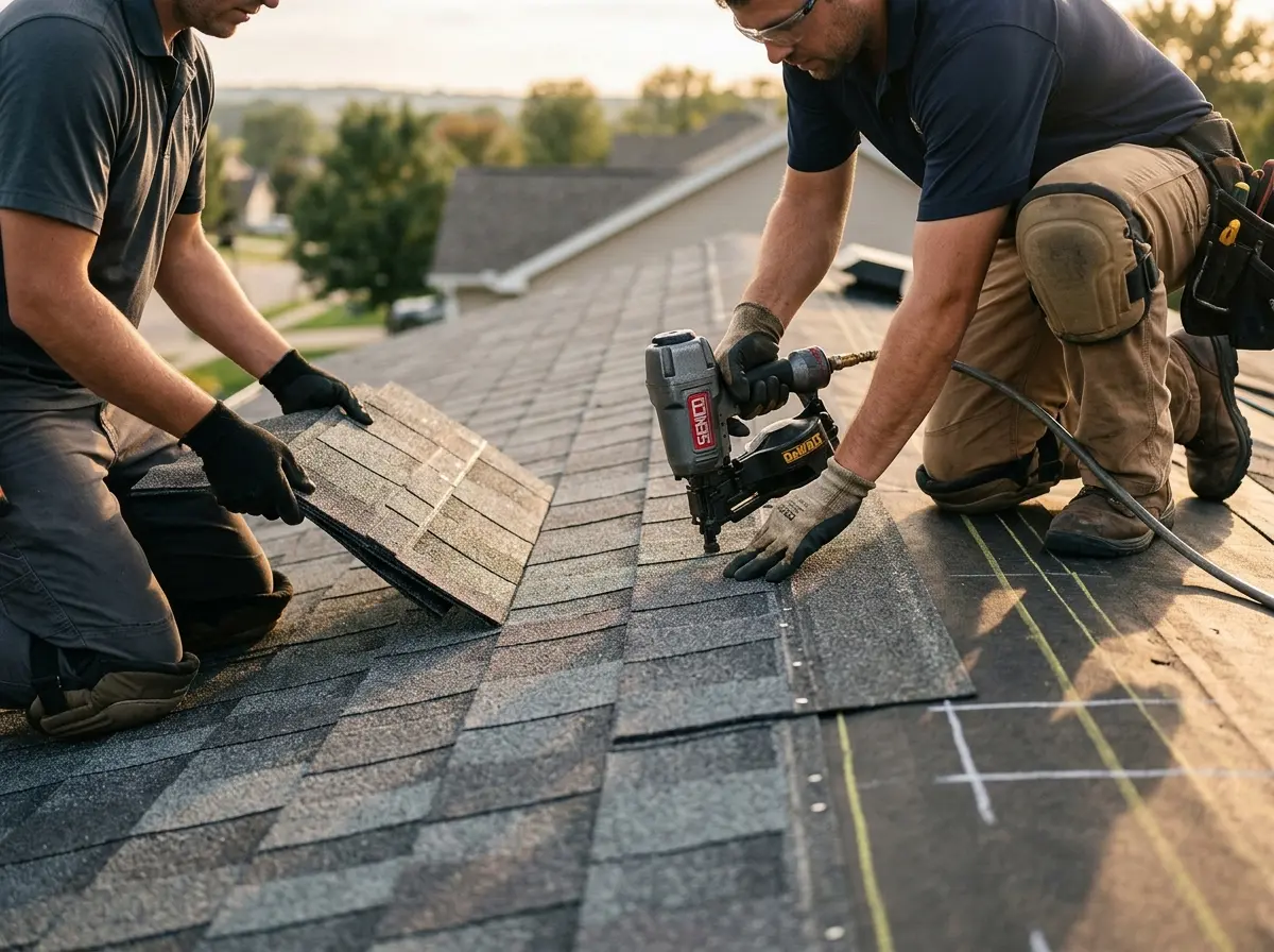 Professional roofer working on a residential roof in West Deer
